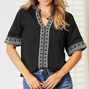 NEW Double Take Plus Size Contrast Embroidered Trim Notched Neck Top in Black